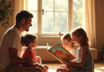 Adult reading a picture book to attentive children.