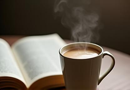 Coffee cup next to an open book.