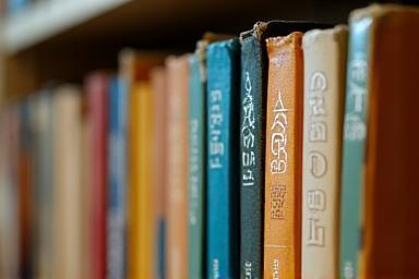 Close up shot of book spines on a shelf with varied colors and textures.