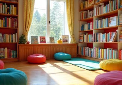 A bright and colorful children's reading corner with low shelves.