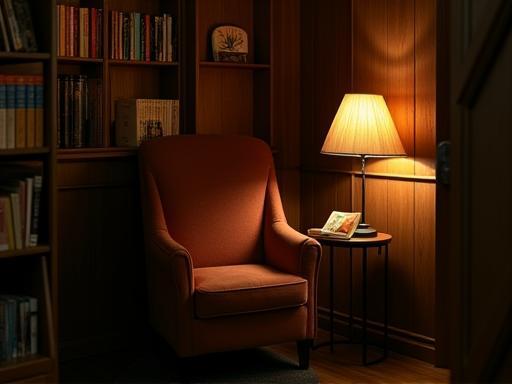 A cozy reading nook with a comfortable armchair and lamp.