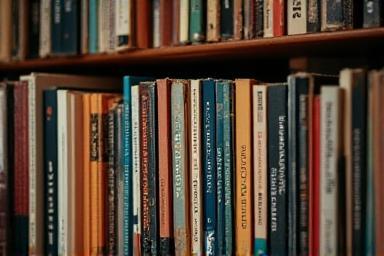 Detail of a full bookshelf, spines visible.